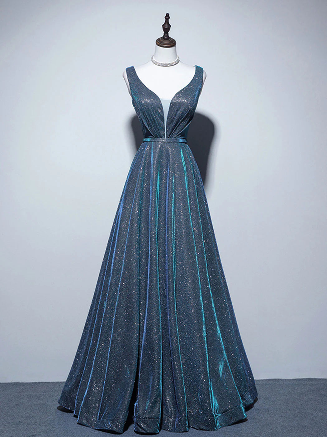 Wholesale A-Line V Neck Satin Blue Long Prom Dress Blue Formal Dresses gowns evening dresses